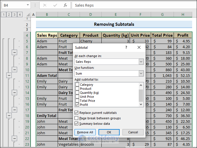 How to remove subtotals in Excel