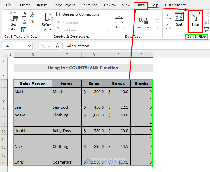Apply Filter: Delete Blank Rows Using Excel COUNTBLANK Function