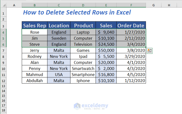 Selected rows deleted