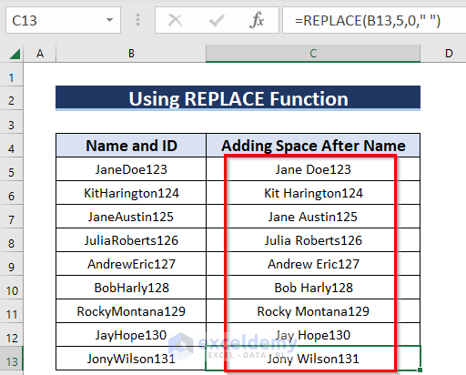 Applying REPLACE Function to Add Space Between Text in all Cells