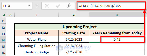 Calculate Years of a Future Date in Excel from Today