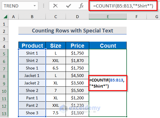 How to Count Rows with Text in Excel with Specific Text