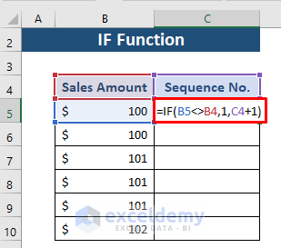 IF function to add sequence number by group in Excel