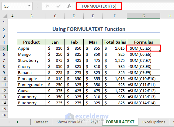 displaying cell formulas using FORMULATEXT Function