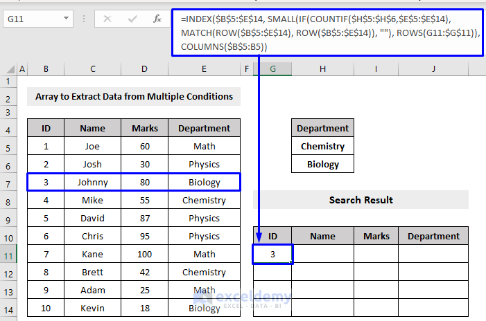 array to extract data from excel based on multiple criteria