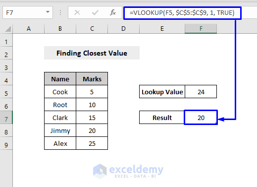 vlookup closest match to value