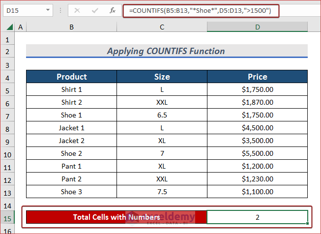 Apply COUNTIFS Function to Count Cells with Number