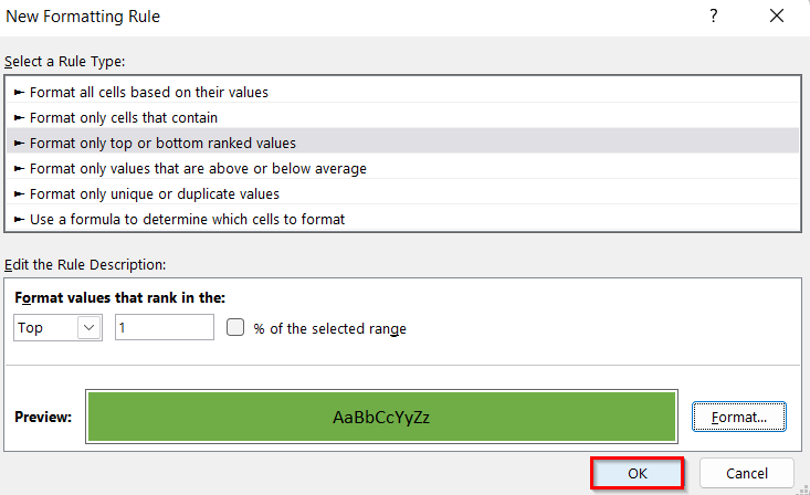 Finalizing Format of Highest Value in a Column in Excel