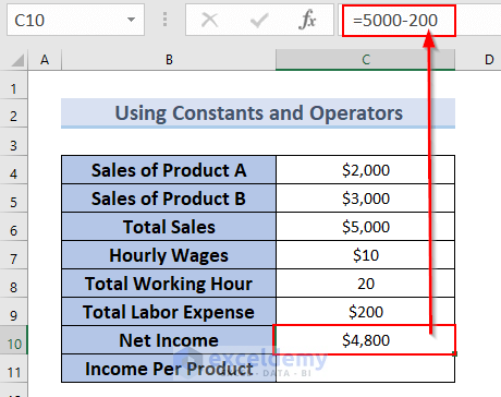 Subtracting Using Constants and Operators to Create a Formula in Excel