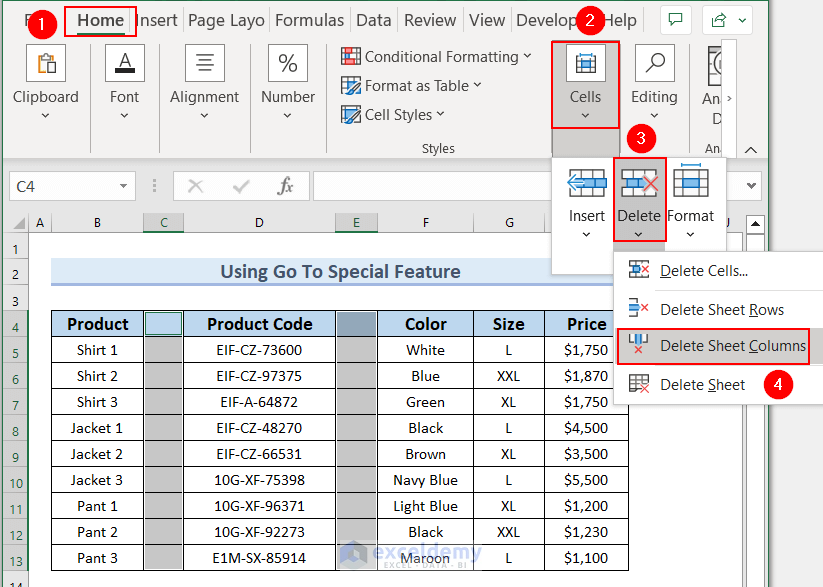 Use of Delete Sheet Column Feature to Delete Unused Columns in Excel