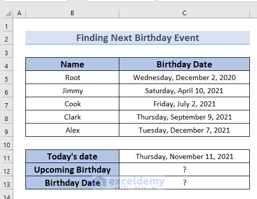 Dataset to Find the Multiple Results of Upcoming Event’s Name & Date with INDEX MATCH Formula in Excel