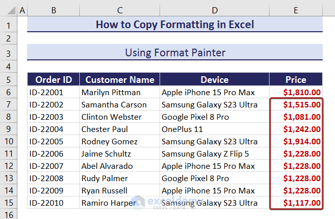 Output of Copy Formatting for Multiple Cells