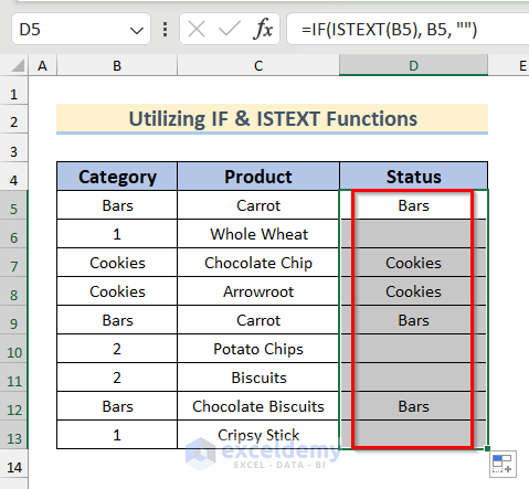 Values Found After Checking If Cells Contains Text Utilizing IF & ISTEXT Functions