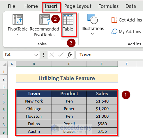 Utilize Table Feature from Insert Tab to Make a Table in Excel