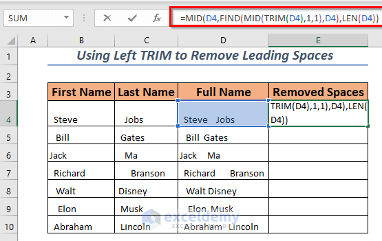 Using MID,FIND,LEN & TRIM functions to remove only leading spaces