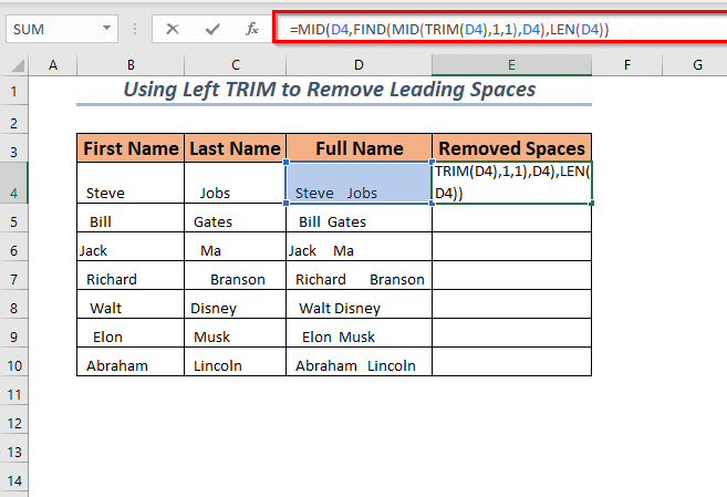 Using TRIM function to remove only leading spaces