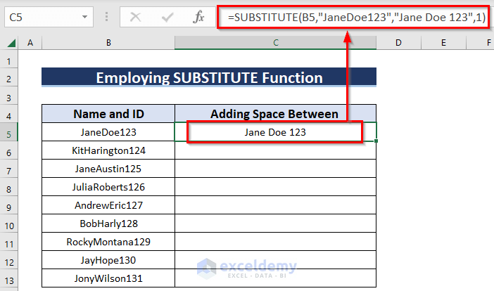 Using SUBSTITUTE Function to Add Space Between Text in Excel Cell