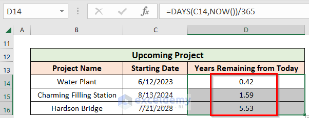 Finding the Remaining Years from Today for Upcoming Projects