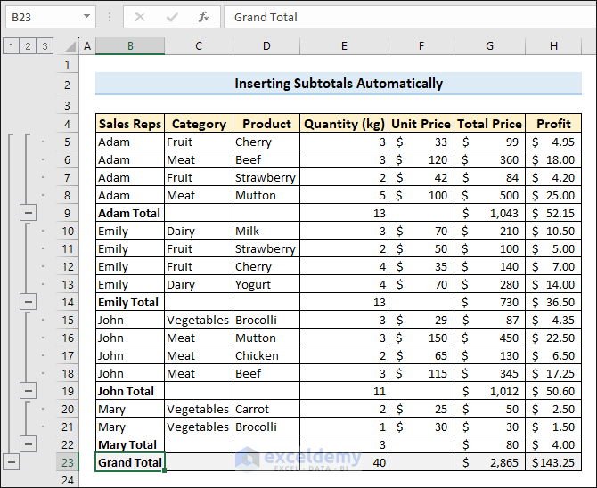 How to insert subtotals in Excel automatically