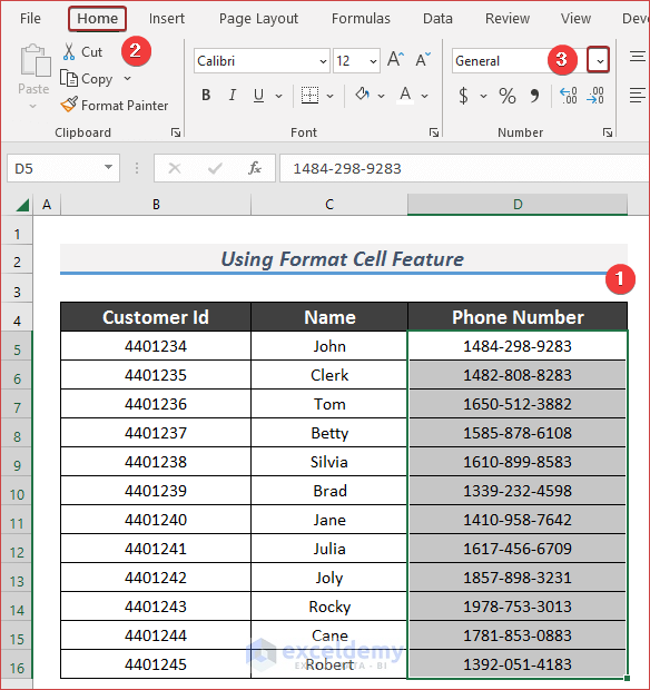 Use Format Cell Feature to Remove Dashes from Phone Numbers