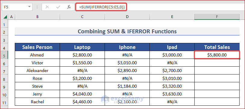 Combine SUM and IFERROR Function to SUM Ignore N/A