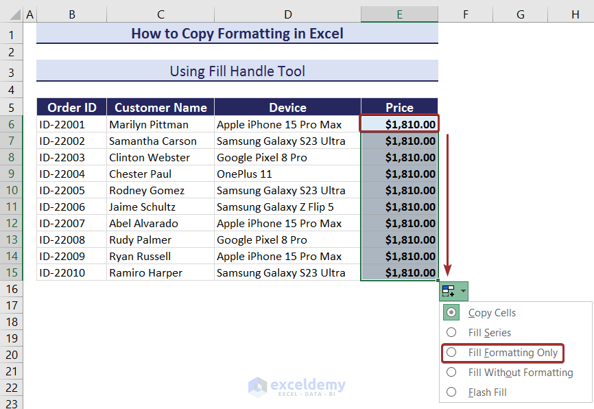 Using Fill Handle to Copy Formatting