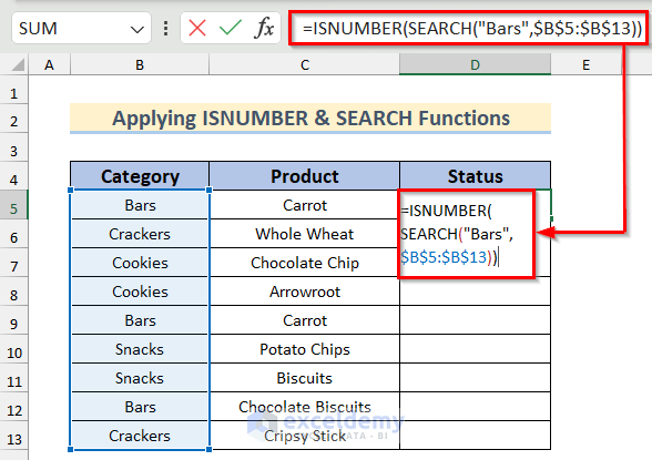 Applying ISNUMBER & SEARCH Functions to Find If Cell Contains Text Then Return Value in Excel