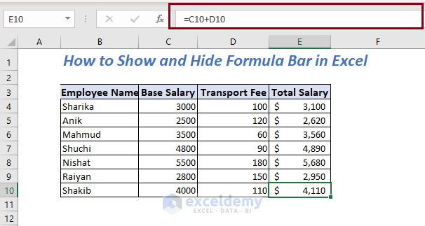 Showing formula bar using Excel Options