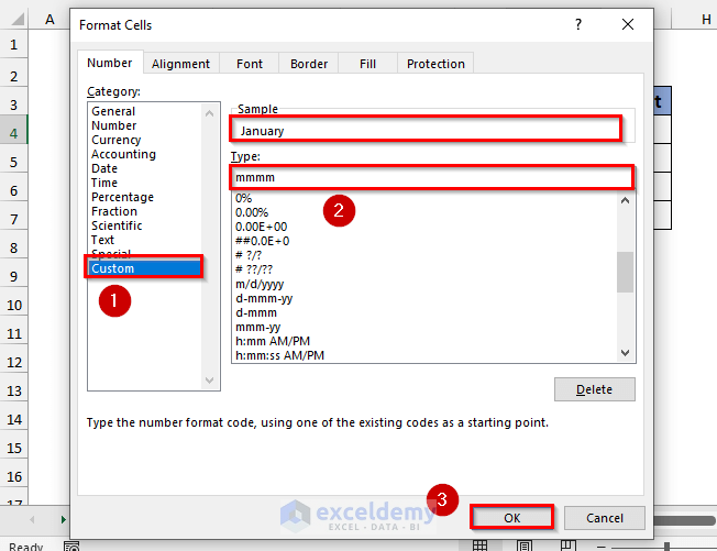 Formatting the cell in the Format cell dialog box