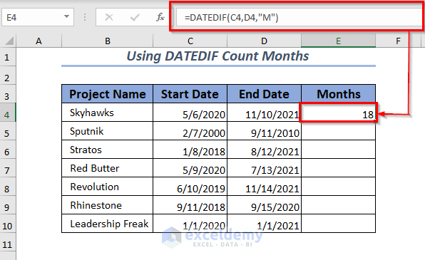 Using DATEDIF Function in Cell E4 to Get the MONTH Count