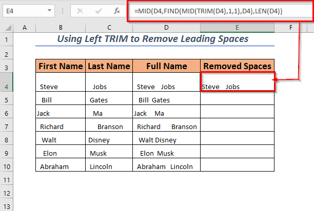 Using TRIM function to remove only leading spaces