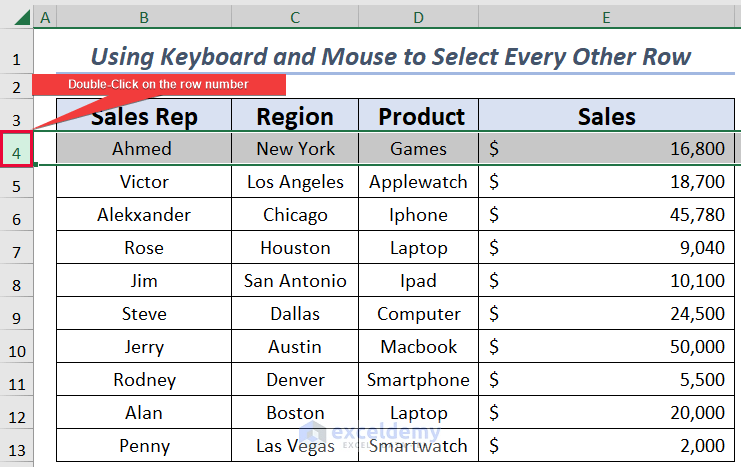 Using Keyboard and Mouse to Select Every Other Row in Excel