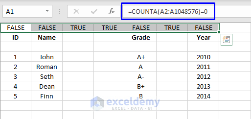 COUNTA() formula to identify blank columns