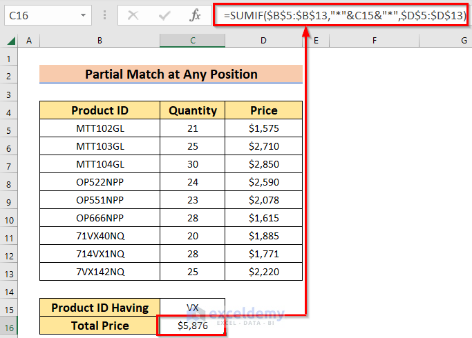 Finding Total Price which Matches Partially at any Position.
