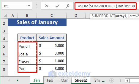 Add reference sheet and cell range in SUMPRODUCT with SUM