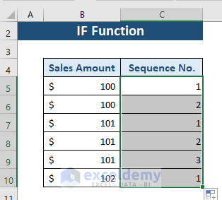 Result of IF function to add sequence number