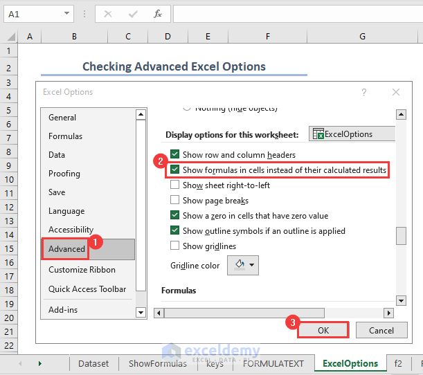 check necessary settings in Excel options dialog box
