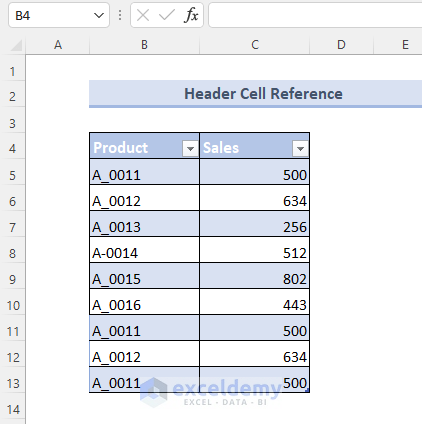 Excel table with arrow in headers