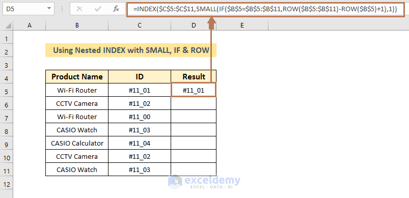 Result of using INDEX with SMALL, IF, ROW functions