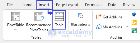 Finding Table from the Insert tab