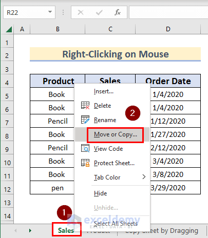 Right-Click on Mouse to Copy an Excel Sheet