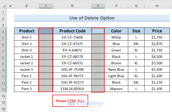 Pressing CTRL Key to Delete Unused Columns in Excel