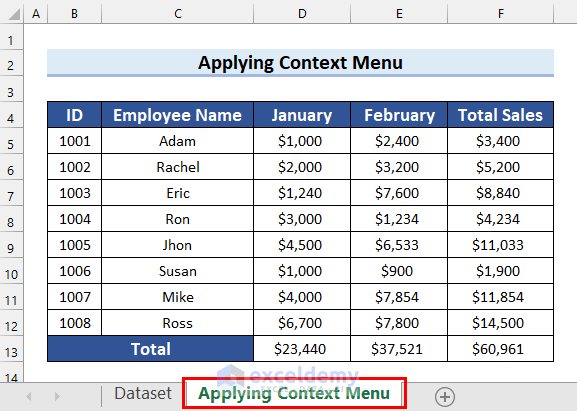 An Excel Sheet Named Applying Context Menu