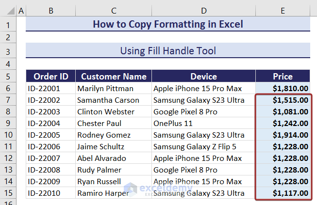 Output of Using Fill Handle to Copy Formatting