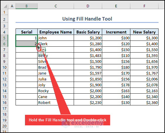 Using Fill Handle Tool to automatically number rows in Excel