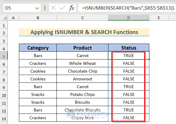 Values Found After Checking If Cells Contains Text Applying ISNUMBER & SEARCH Functions