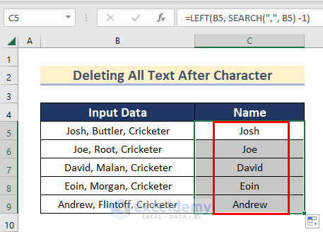 Delete All Text After a Character Using LEFT Function in Excel