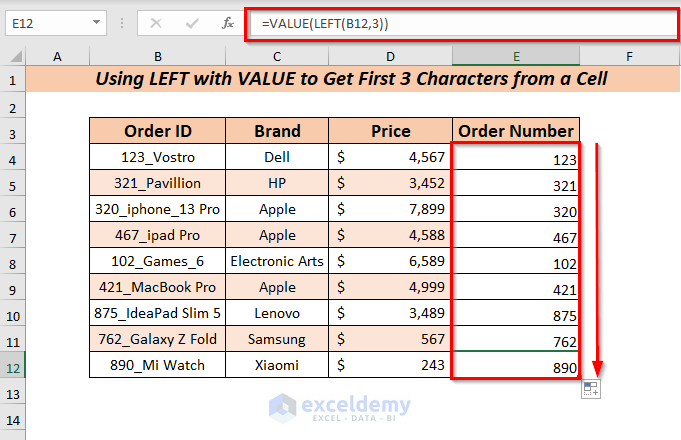 Utilizing the Autofill feature to fill the range of cell E4:E12 with ther range of cells with order number