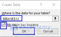 Checking the table range and ticking for including headers to table