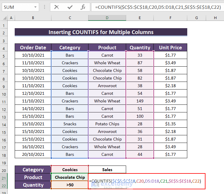 Inserting COUNTIFS with Multiple Criteria in Multiple Columns